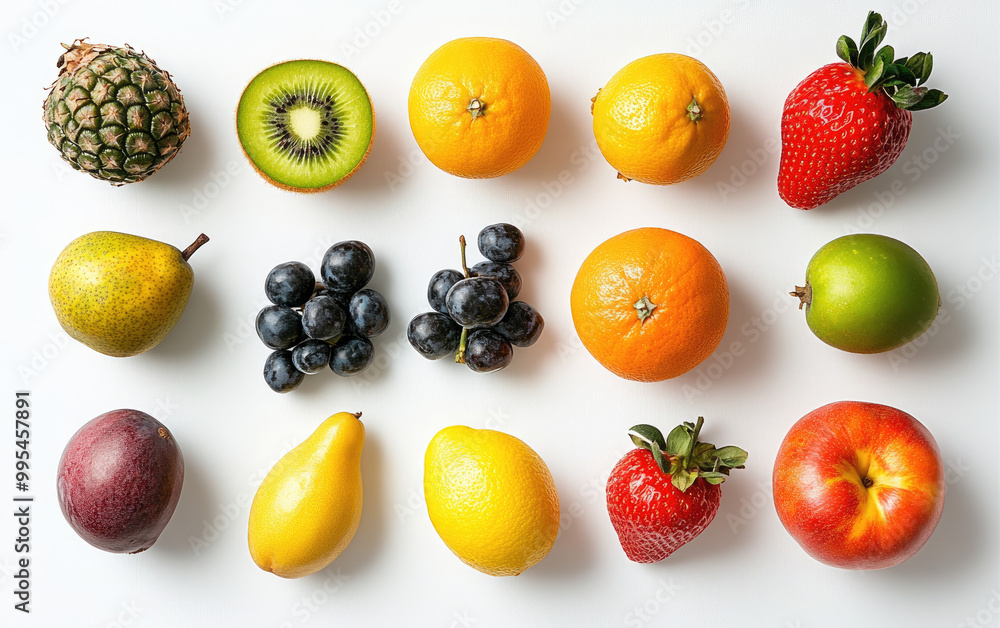 Knolling of fruits, with oranges and lemons in the center, surrounded by kiwi fruit and other fruits. Created with Ai Knolling of fruits, with oranges and lemons in the center, surrounded by kiwi fruit and other fruits. Created with Ai
