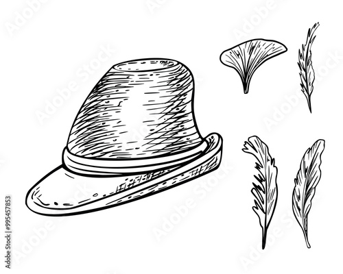 German green hat and feathers black white vector line illustration isolated. Bavarian Oktoberfest hat graphic hand drawn by ink for design beer festival, banner, menu, packaging, poster.