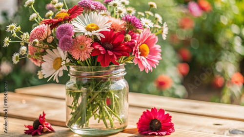 vibrant bouquet of wildflowers in glass mason jar, showcasing mix of daisies, pinks, and other colorful blooms, brings cheerful and fresh atmosphere to any setting