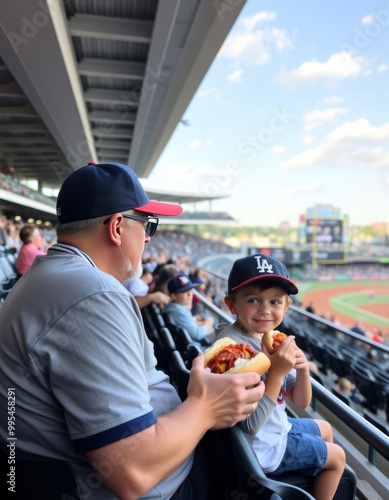 A father and son attending a baseball game and eating hot dogs i