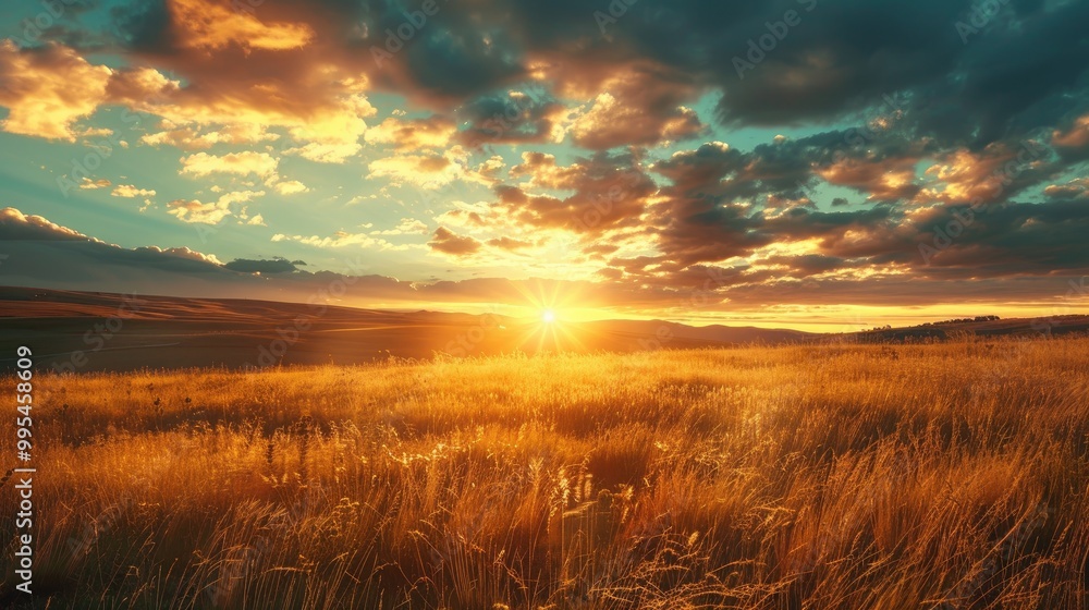 Fototapeta premium Scenic view of sunrise with golden cloudy sky