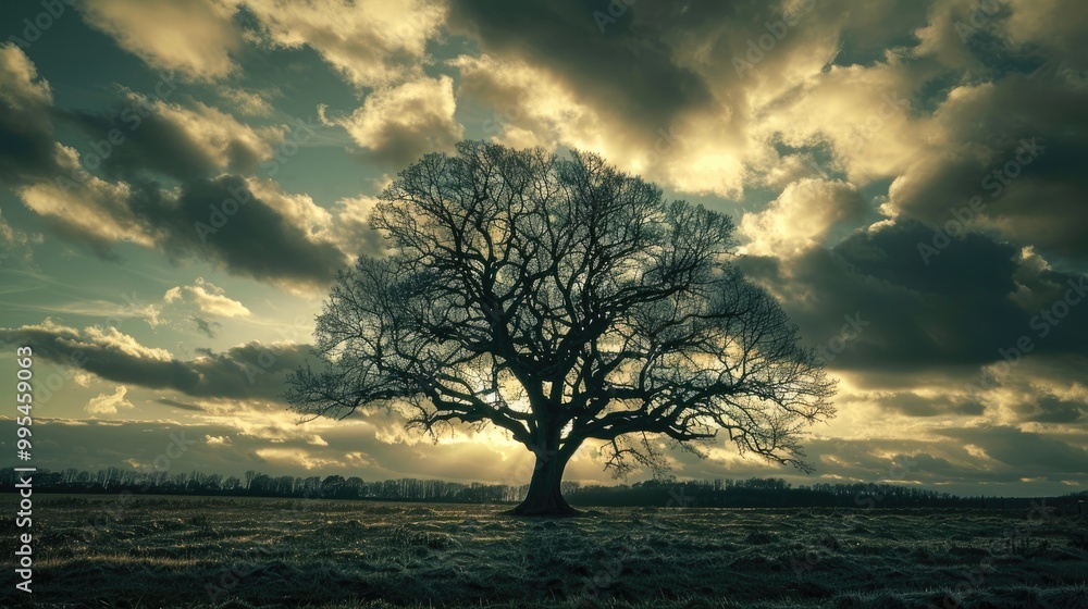 Silhouette of large tree in natural setting with winter sky and clouds Silhouette of large tree in natural setting with winter sky and clouds