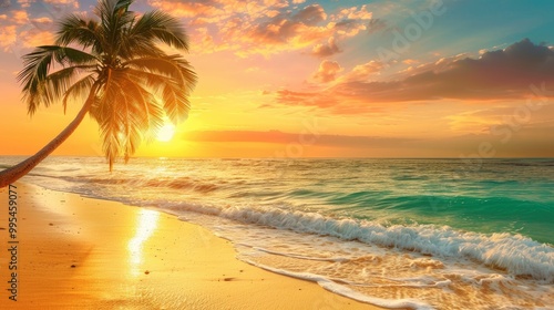 Scenic sunset beach view with palm tree for summer vacation relaxation