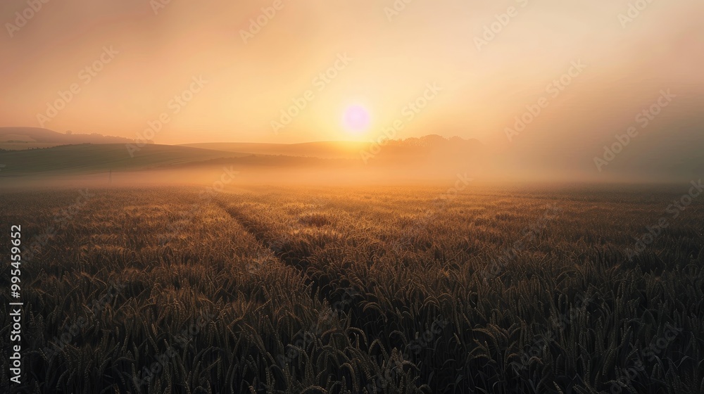 Scenic sunrise above misty carrot field Scenic sunrise above misty carrot field