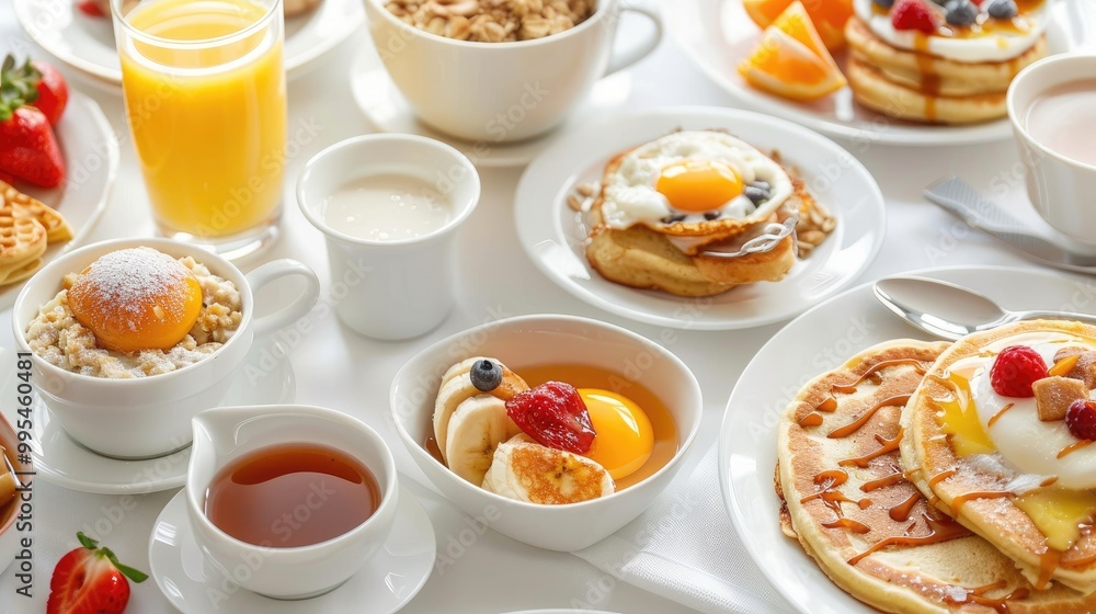Nutritious and tasty breakfast spread on a white table eggs oatmeal milk tea banana toast salted caramel fruity pancakes and orange juice Nutritious and tasty breakfast spread on a white table eggs oatmeal milk tea banana toast salted caramel fruity pancakes and orange juice