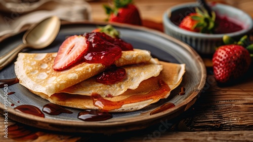 Homemade wheat crepes or pancakes topped with strawberry jam or marmalade on a rustic wooden table