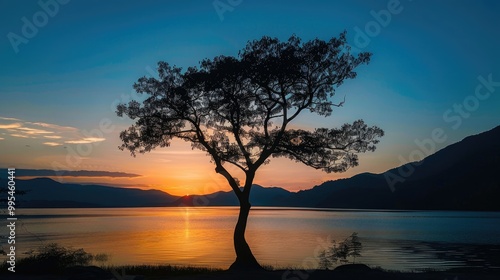 Silhouetted tree by lake during sunset