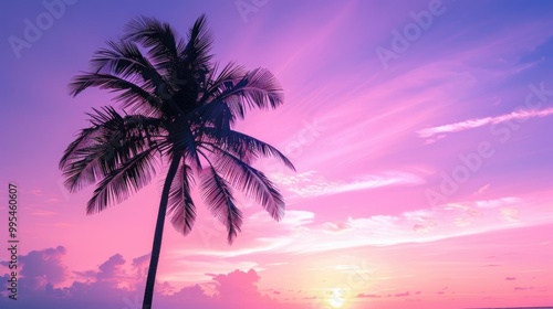 Fototapeta Naklejka Na Ścianę i Meble -  Palm tree outline against purple sunset sky serene vibes with no people