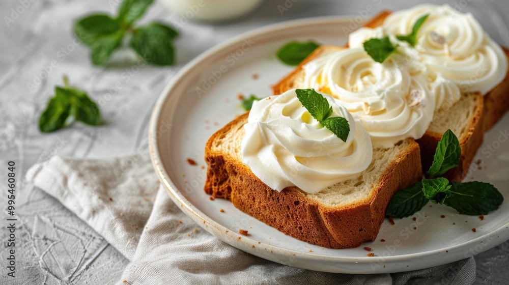 Homemade breakfast bread with cream and mint on plate Homemade breakfast bread with cream and mint on plate