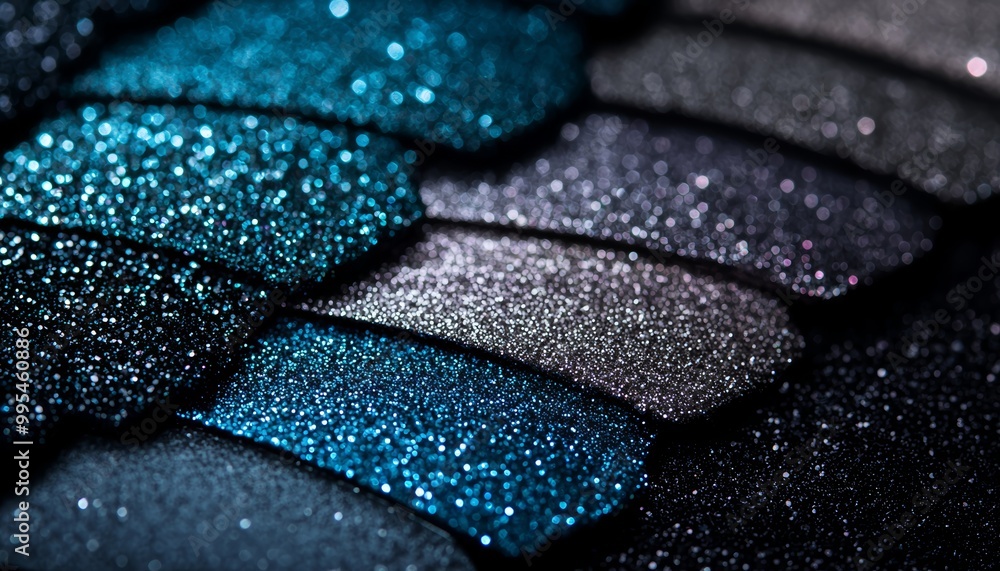 A creative display of midnight blue and silver glitter eyeshadow swatches, with bold eyeliner swatches for a striking smokey eye. A creative display of midnight blue and silver glitter eyeshadow swatches, with bold eyeliner swatches for a striking smokey eye.