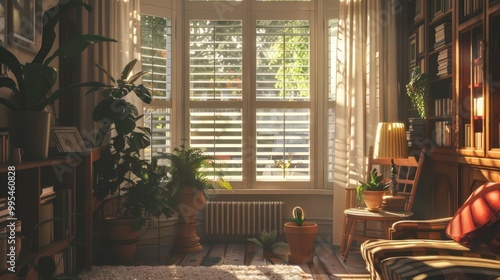 Shuttered window and sunlight in the living room photo