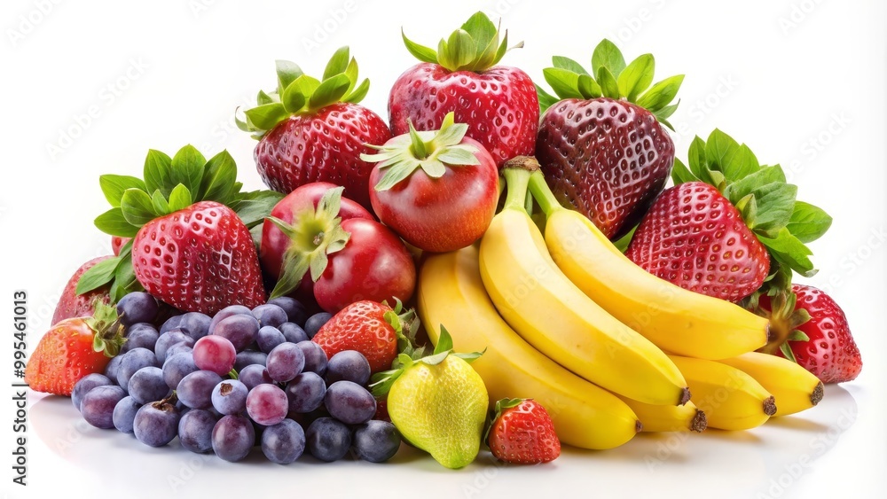Medley of fresh ripe fruits is composing an appetizing composition on a white background Medley of fresh ripe fruits is composing an appetizing composition on a white background