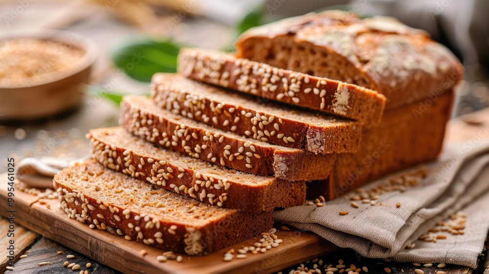 Sliced French grain bread with sesame on wooden background Sliced French grain bread with sesame on wooden background
