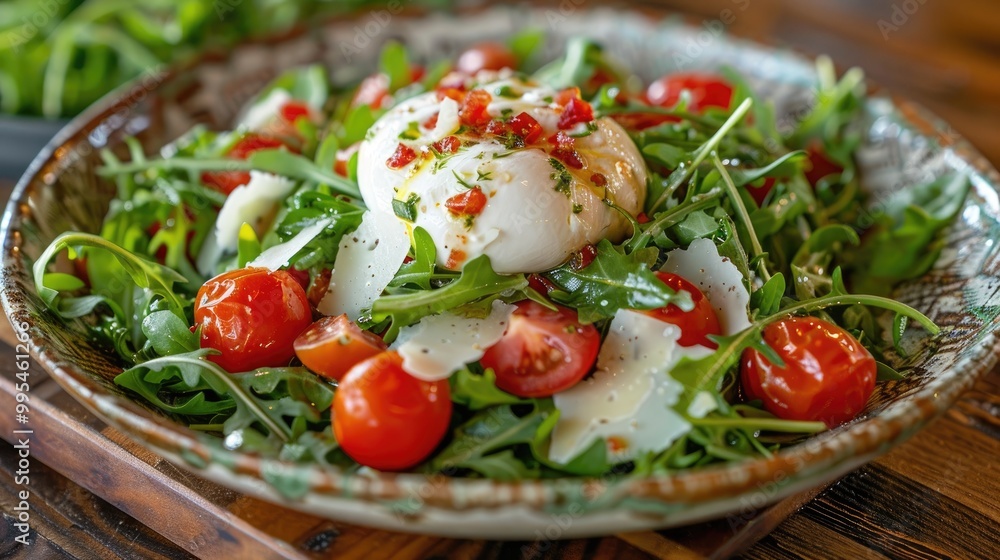 Italian burrata cheese and arugula salad with cherry tomatoes parmesan and raspberry dressing Italian burrata cheese and arugula salad with cherry tomatoes parmesan and raspberry dressing