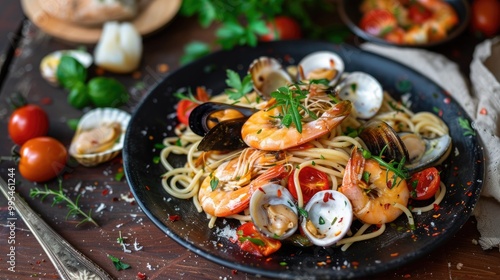 Seafood spaghetti on dark plate with wooden backdrop