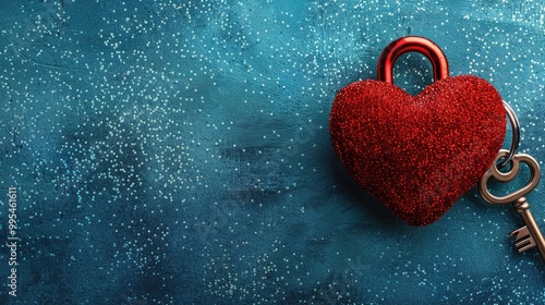 Red heart padlock and key on blue glitter background for Valentine s Day with space for text photo