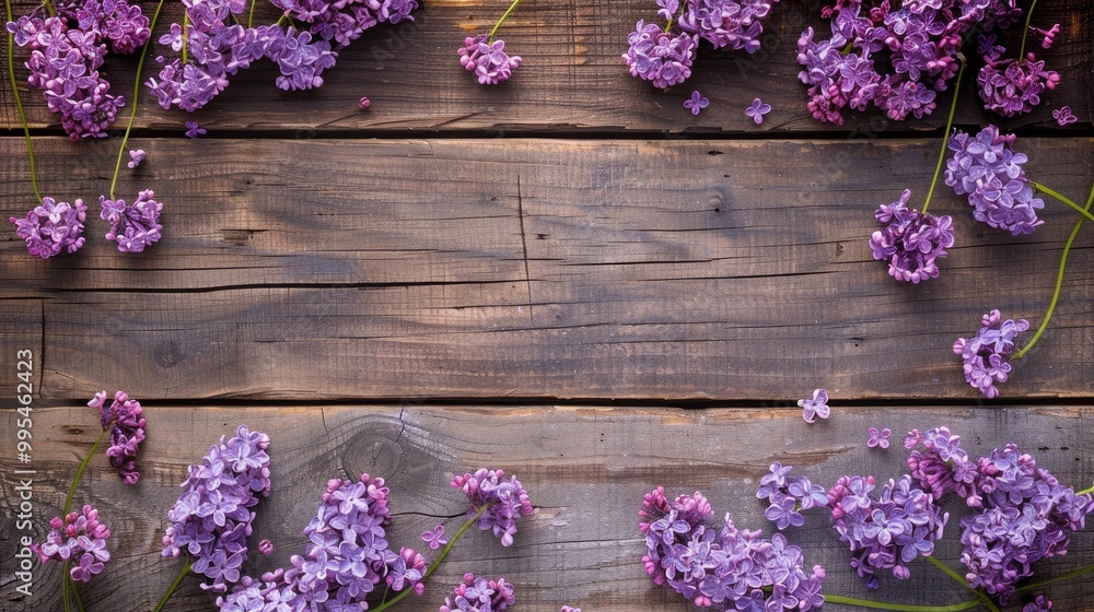 Purple lilac flowers on wooden background Purple lilac flowers on wooden background