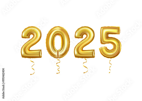 Happy new year 2024, realistic golden foil number balloons with serpentine.