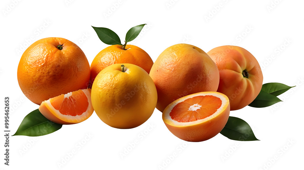 Fresh oranges with vibrant green leaves on a isolated transparent background. PNG Fresh oranges with vibrant green leaves on a isolated transparent background. PNG