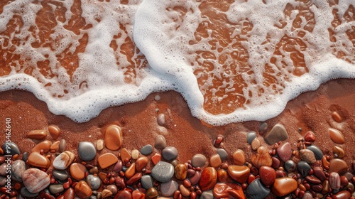 Red Sea Wave on Wet Red Sand and Stones Natural Background of Terracotta Granite Pebbles Schist and Sands photo