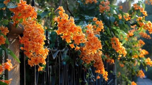 Orange Pyrostegia venusta flowers cascading over Spanish garden fence photo