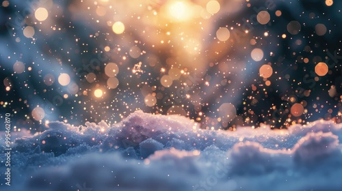 Snowy scenery with sparkling lights and blurred background photo