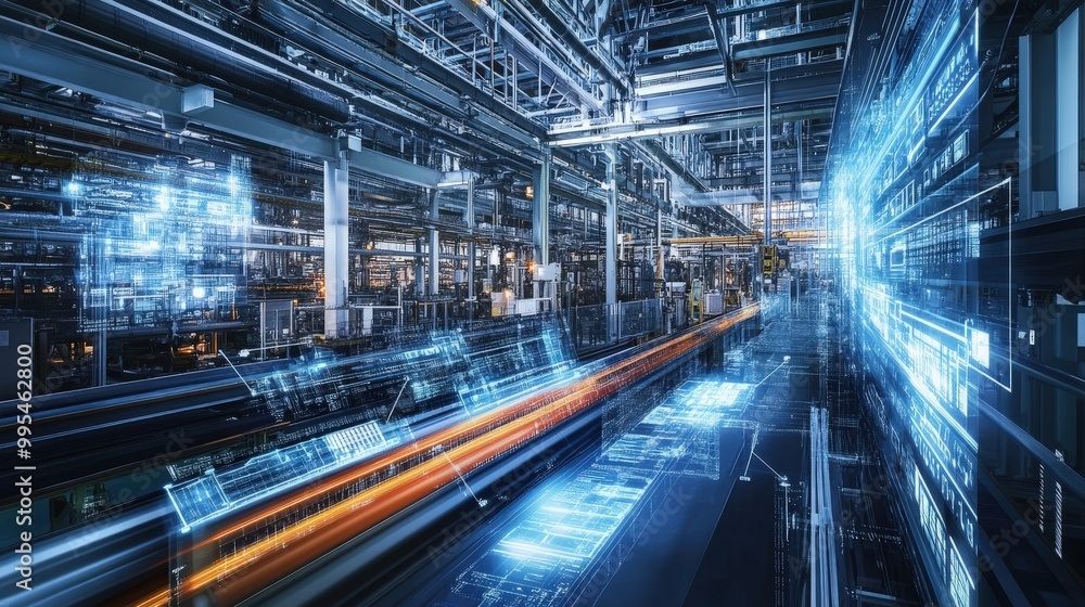 A dynamic shot of a factory floor utilizing automation and IoT devices to optimize production A dynamic shot of a factory floor utilizing automation and IoT devices to optimize production