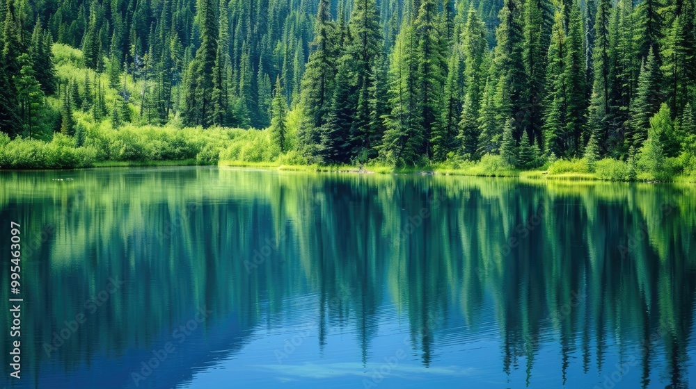 Reflection of green forest in blue river during summer