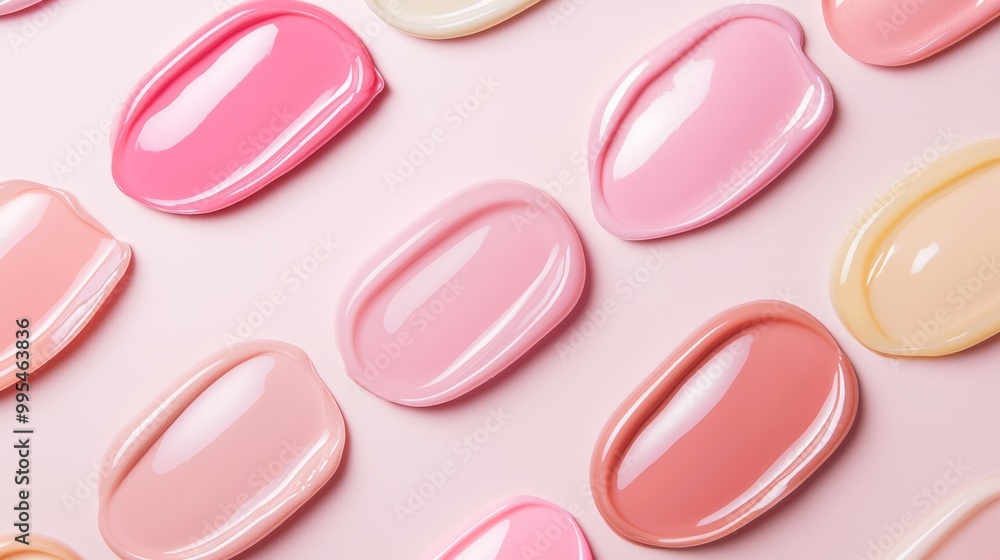 A flat-lay of glossy Cool Pink lip gloss swatches, arranged in a sleek, modern pattern on a pastel background. A flat-lay of glossy Cool Pink lip gloss swatches, arranged in a sleek, modern pattern on a pastel background.