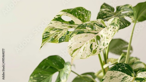 Showcasing the variegated leaves of the trendy Monstera Borsigiana Albo Variegata against a white backdrop
