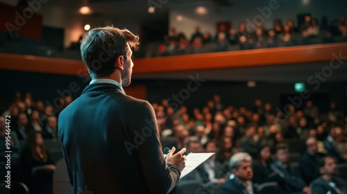 A social entrepreneur presenting their business model at an international conference on social innovation