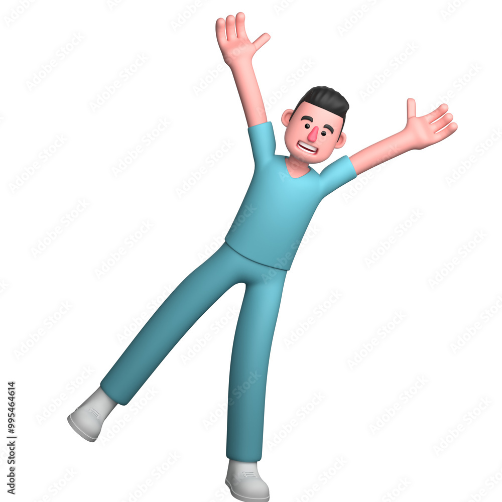 Healthcare Illustration. A male nurse is seen in a jumping or cheering position with his hands raised and an enthusiastic facial expression. 3D Male Nurse Healthcare Illustration. A male nurse is seen in a jumping or cheering position with his hands raised and an enthusiastic facial expression. 3D Male Nurse