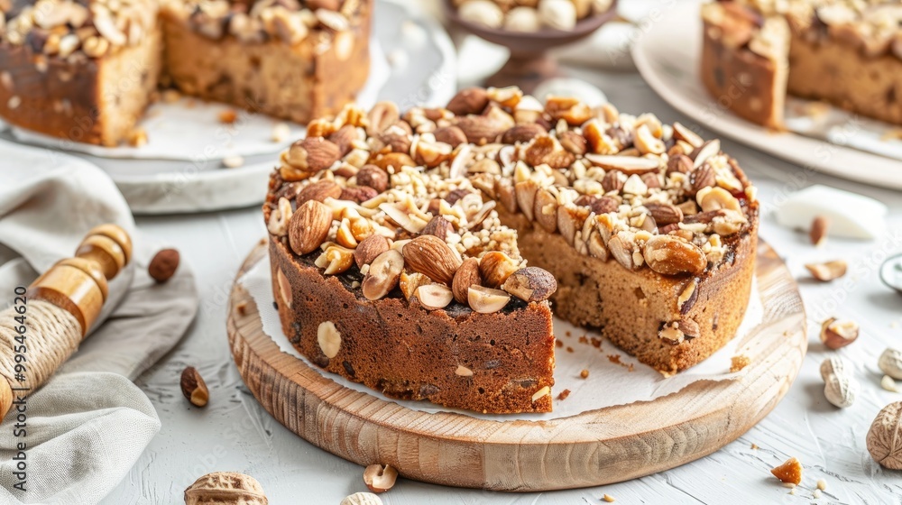 Homemade Indonesian peanut cake for Eid ul Fitr on cutting board with white background Homemade Indonesian peanut cake for Eid ul Fitr on cutting board with white background
