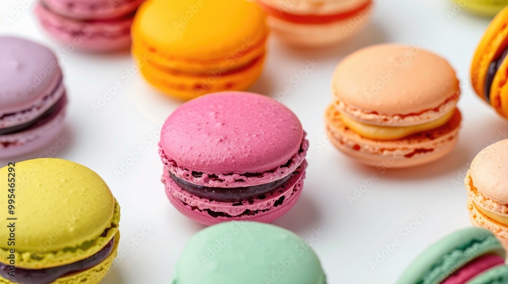 Selective focus on colorful macaroons against white backdrop soft focus Selective focus on colorful macaroons against white backdrop soft focus