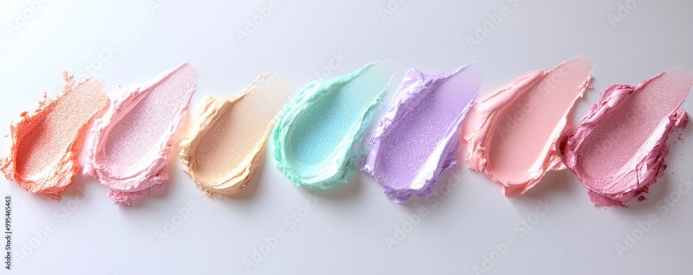 Obraz premium A flat-lay of pastel iridescent highlighter swatches, shifting from pink to blue, creating a holographic effect.