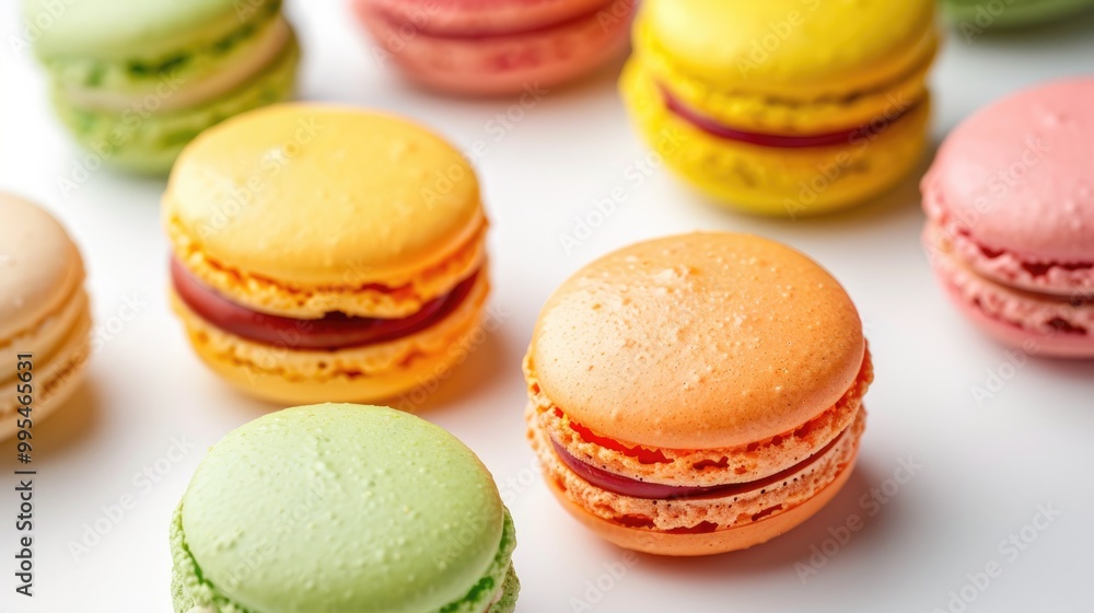 Selective focus on colorful macaroons against white backdrop soft focus Selective focus on colorful macaroons against white backdrop soft focus
