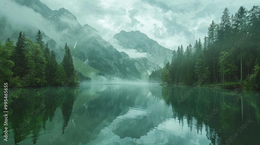 Naklejka premium Mountainous Green Lake Scenery