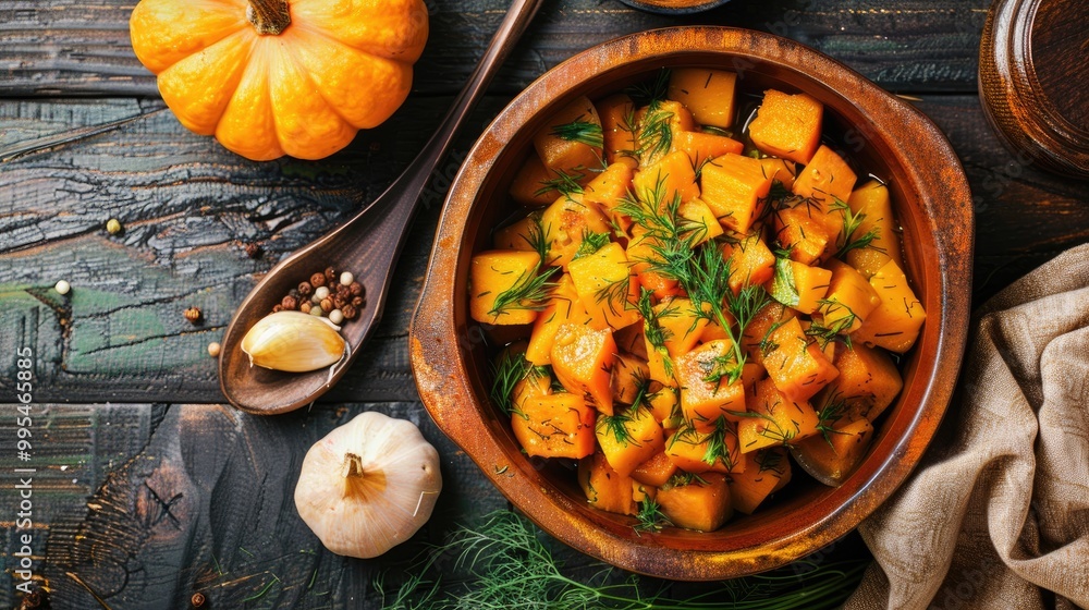 Pumpkin stewed veggies with dill top view Pumpkin stewed veggies with dill top view
