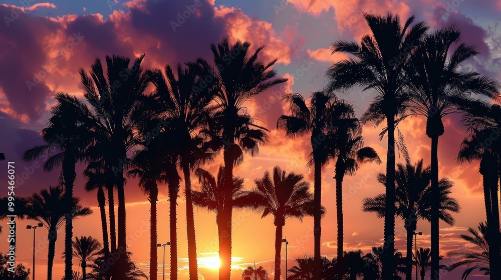 Obraz premium Palm tree silhouettes during sunset with a classic touch