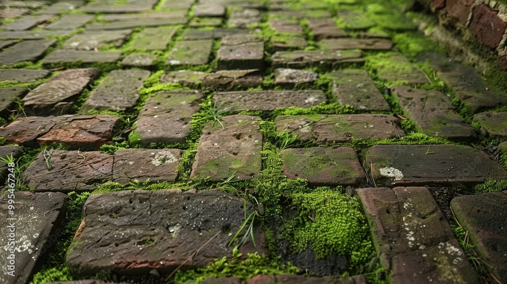 Moss is on the floor around brick joints The arrangement is flawless Moss is on the floor around brick joints The arrangement is flawless