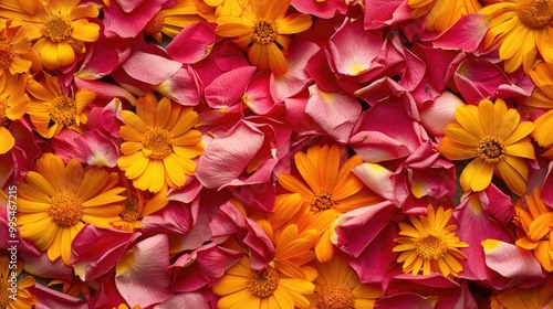 Red and pink rose petals yellow calendula petals