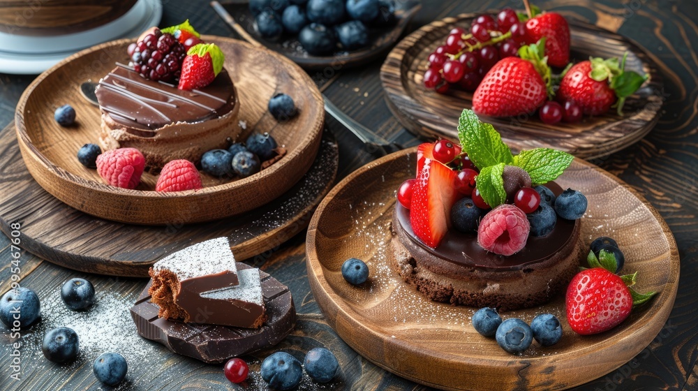 Morning Meal Wood Plates with Cake Chocolate Berries and Fruit Morning Meal Wood Plates with Cake Chocolate Berries and Fruit