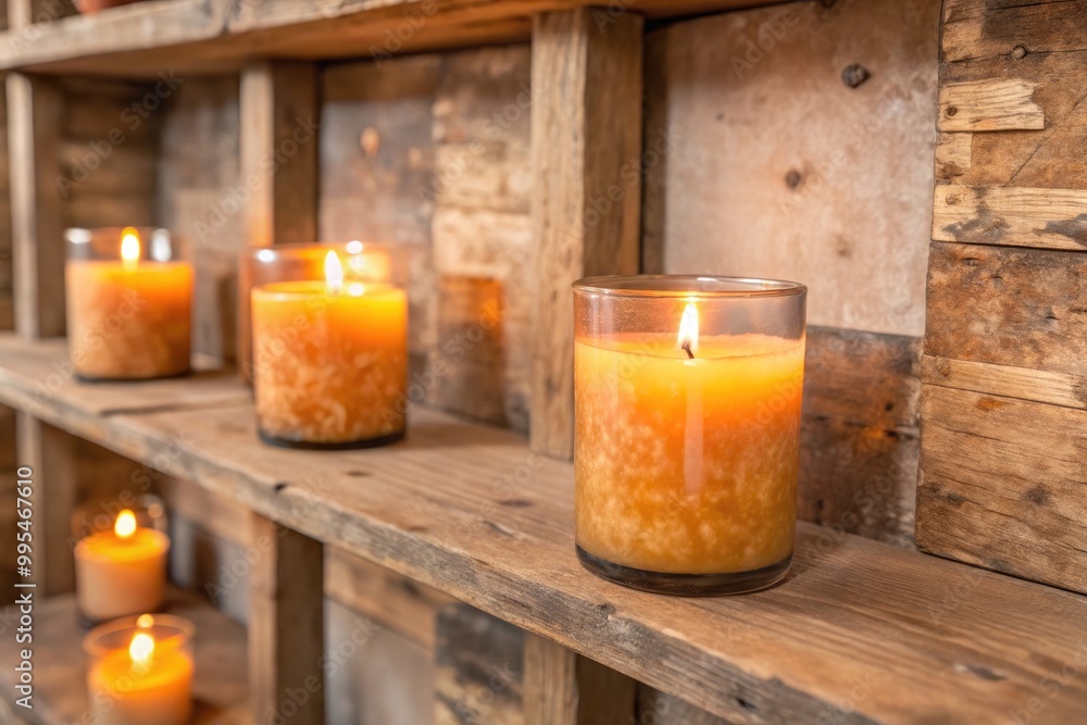 Rustic wooden shelf lined with glowing orange candles. Rustic wooden shelf lined with glowing orange candles.