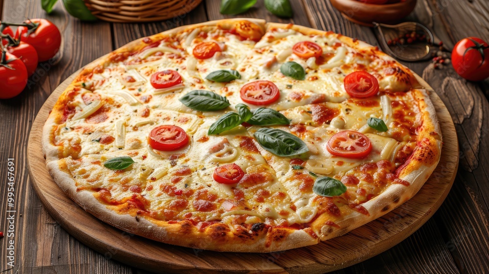 Italian Four Cheeses Pizza on Rustic Wooden Background with Tomato and Basil Italian Four Cheeses Pizza on Rustic Wooden Background with Tomato and Basil