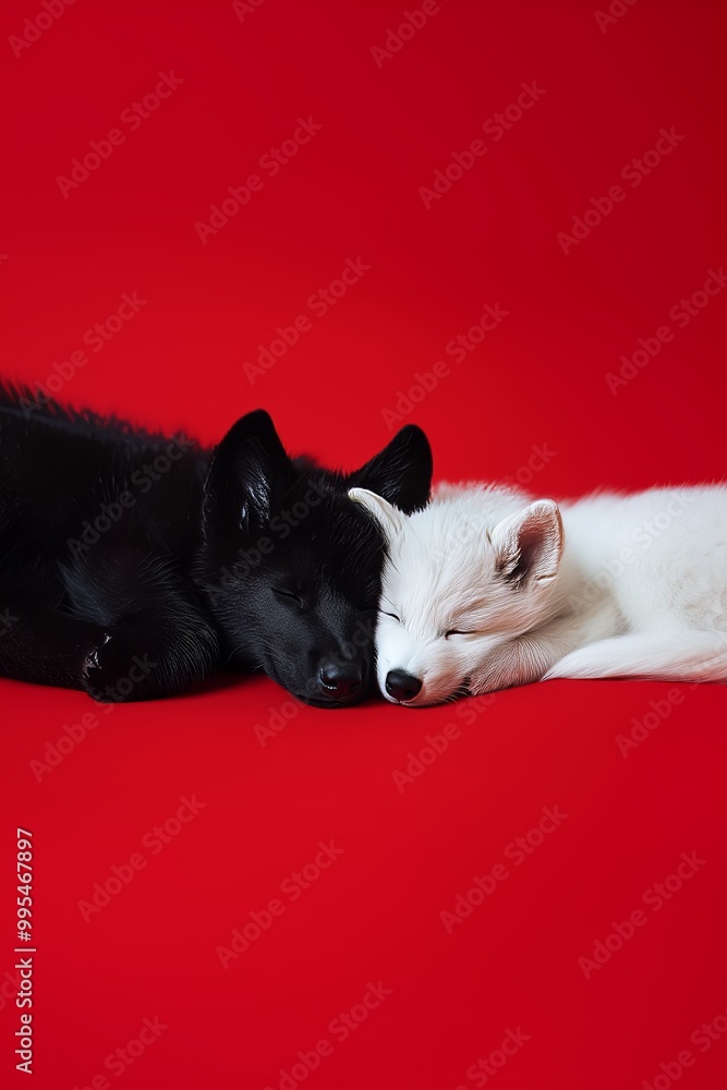 Close-up of a black and white fox cuddling and sleeping together on a red background. Close-up of a black and white fox cuddling and sleeping together on a red background.