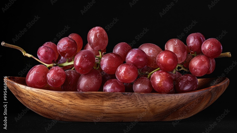 Red grapes on wood plate with black background Red grapes on wood plate with black background