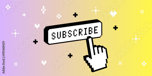 Pixel hand click cursor on Subscribe Button and sparkles. 3d pixel vector illustration for social media. Y2k trendy elements in pixel art. Clicking icon cursor. 8 bit retro style vector background