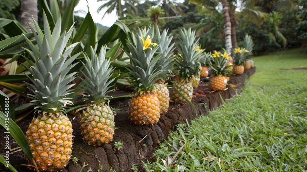 Pineapples with numerous spines thrive in the garden