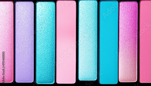 A gradient of soft blue and pink highlighter swatches, arranged to showcase their reflective, iridescent finishes. photo