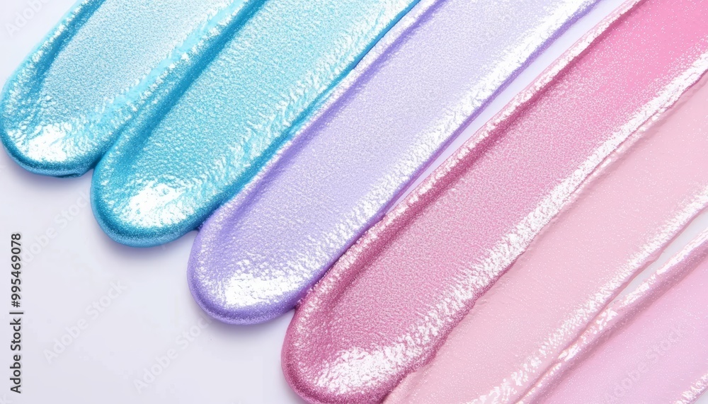 A gradient of soft blue and pink highlighter swatches, arranged to showcase their reflective, iridescent finishes. A gradient of soft blue and pink highlighter swatches, arranged to showcase their reflective, iridescent finishes.